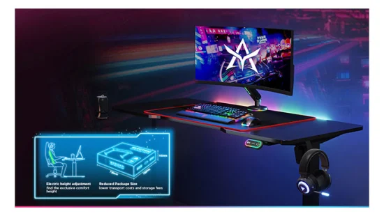 Venta al por mayor Personalizable Motor único Motor eléctrico Computadora portátil Altura ajustable Siéntese Soporte Mesa Juegos Escritorio de pie con iluminación LED RGB